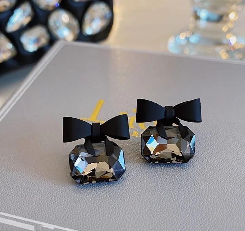 Elegant Black Bow Crystal Earrings