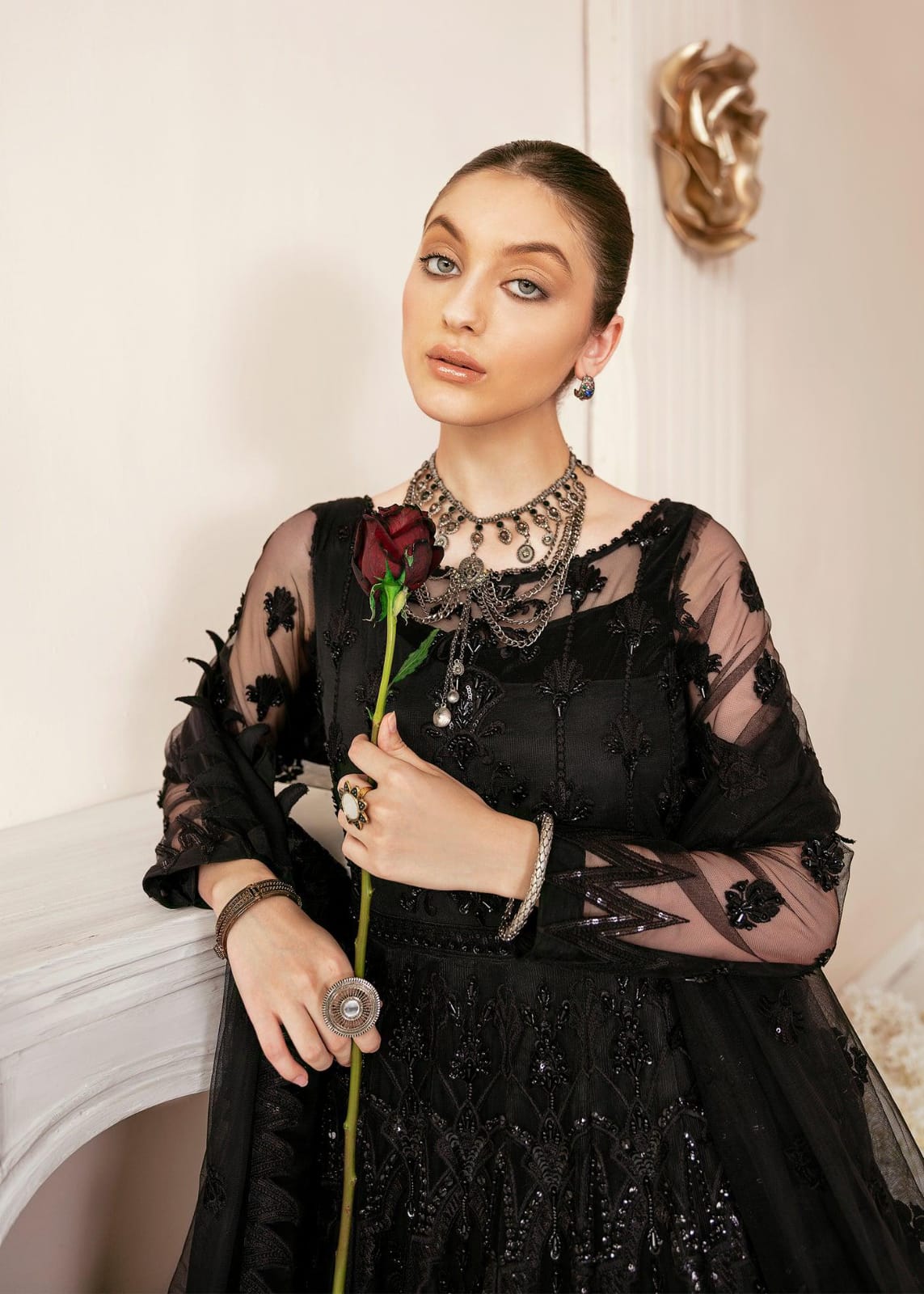 3pc Embroidered Luxury Black Maxi 