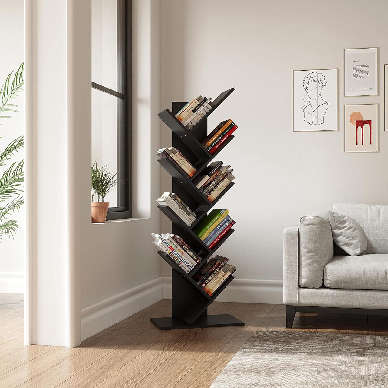 9-Shelf Tree Shaped Floor Standing Bookcase, Storage Rack for Living Room/Home/Office