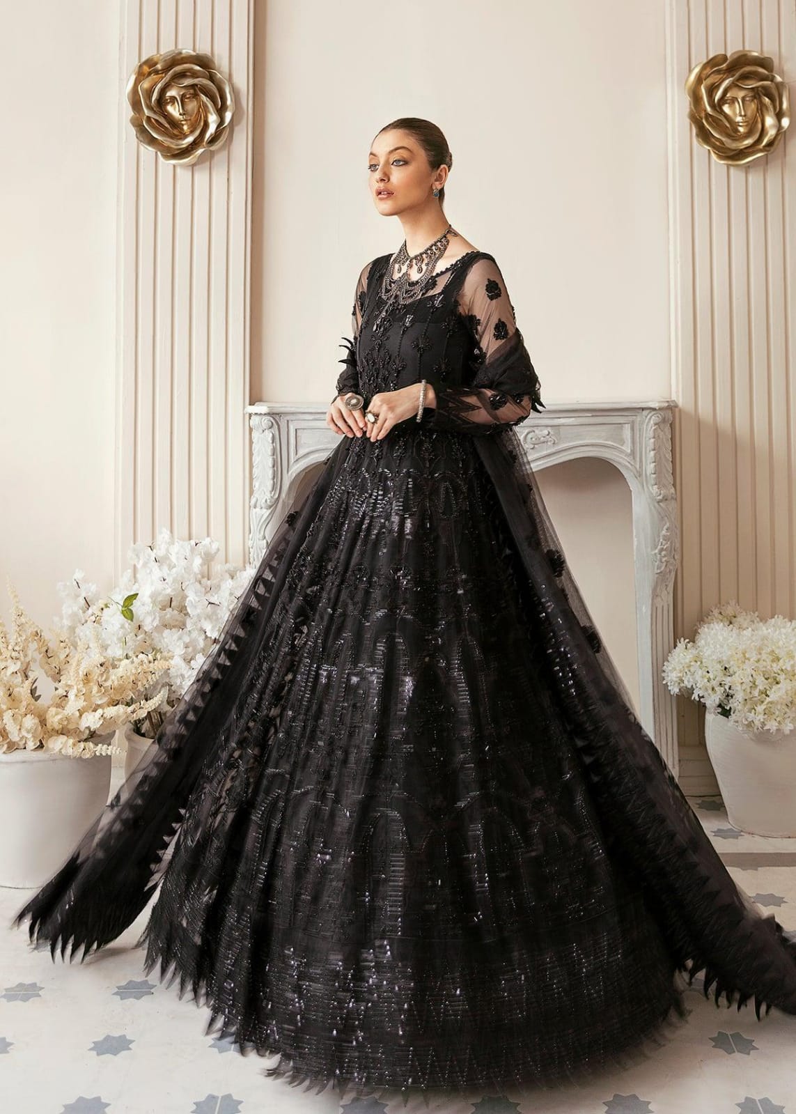 3pc Embroidered Luxury Black Maxi 