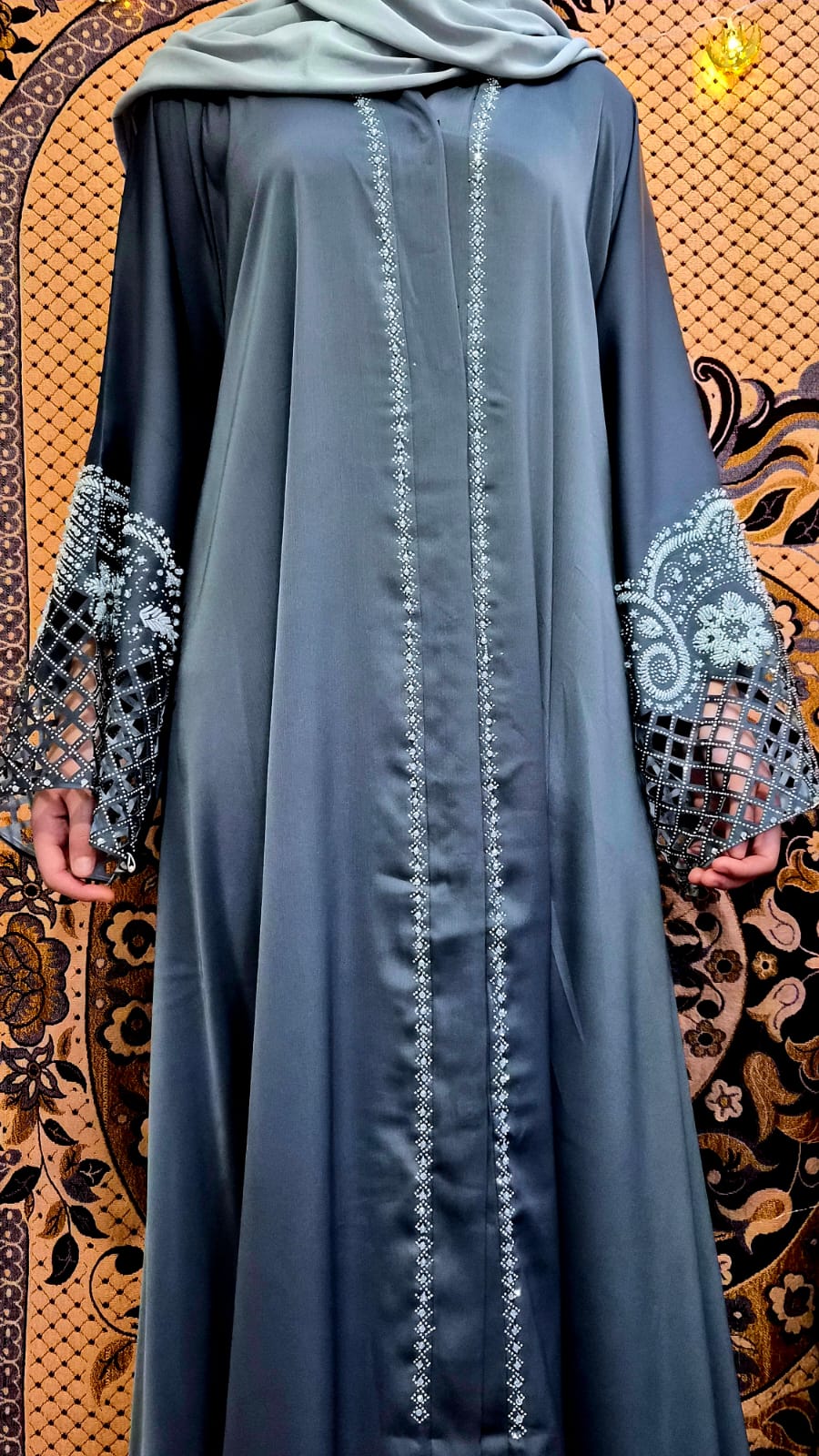 Dark Grey Embroidered Abaya