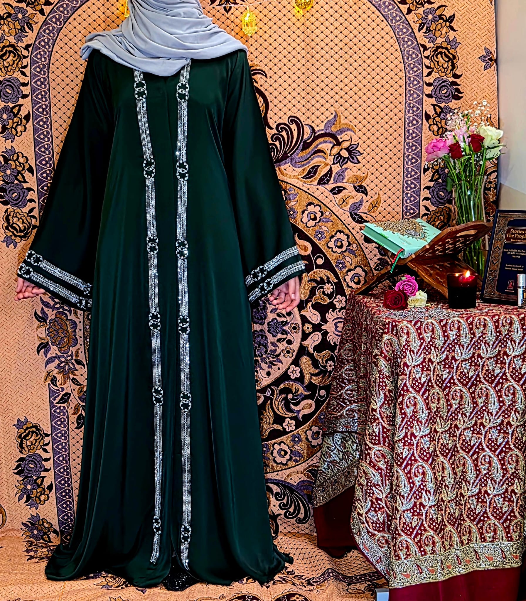Dark Green & Silver Rhinestone Abaya