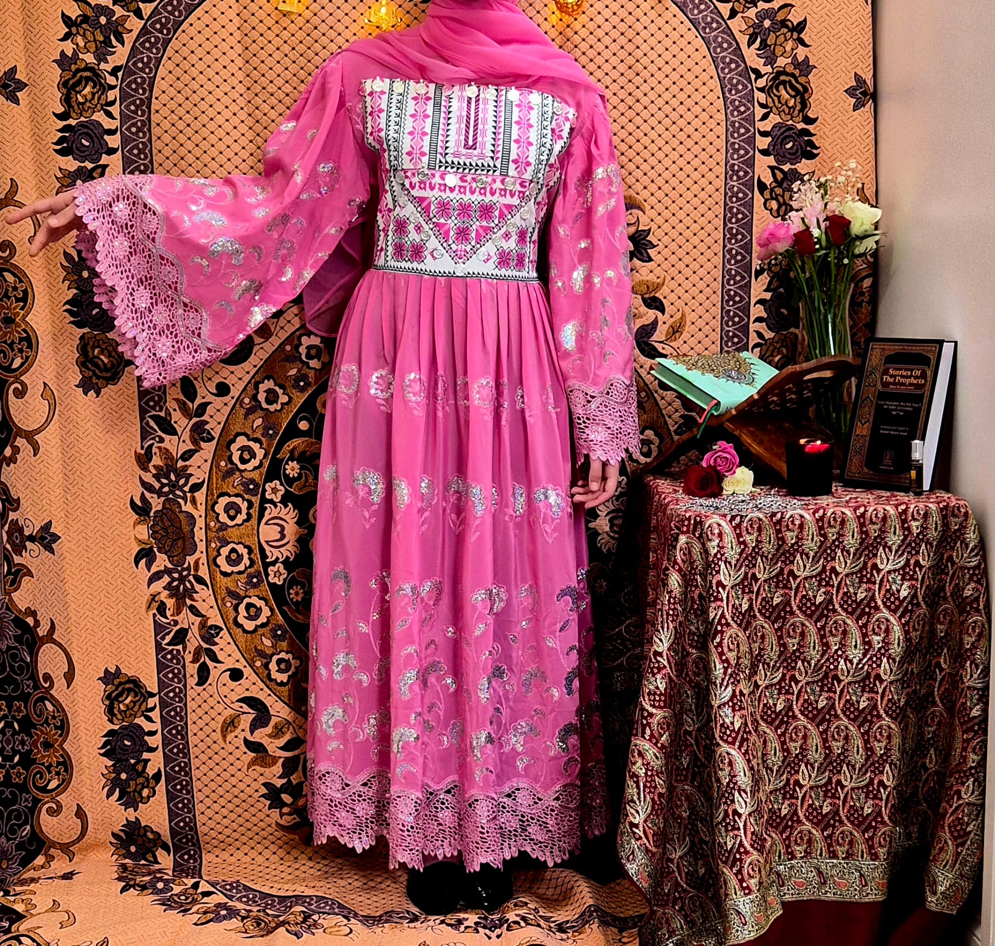 Pink Traditional Embroidered Sleeve Afghan Dress