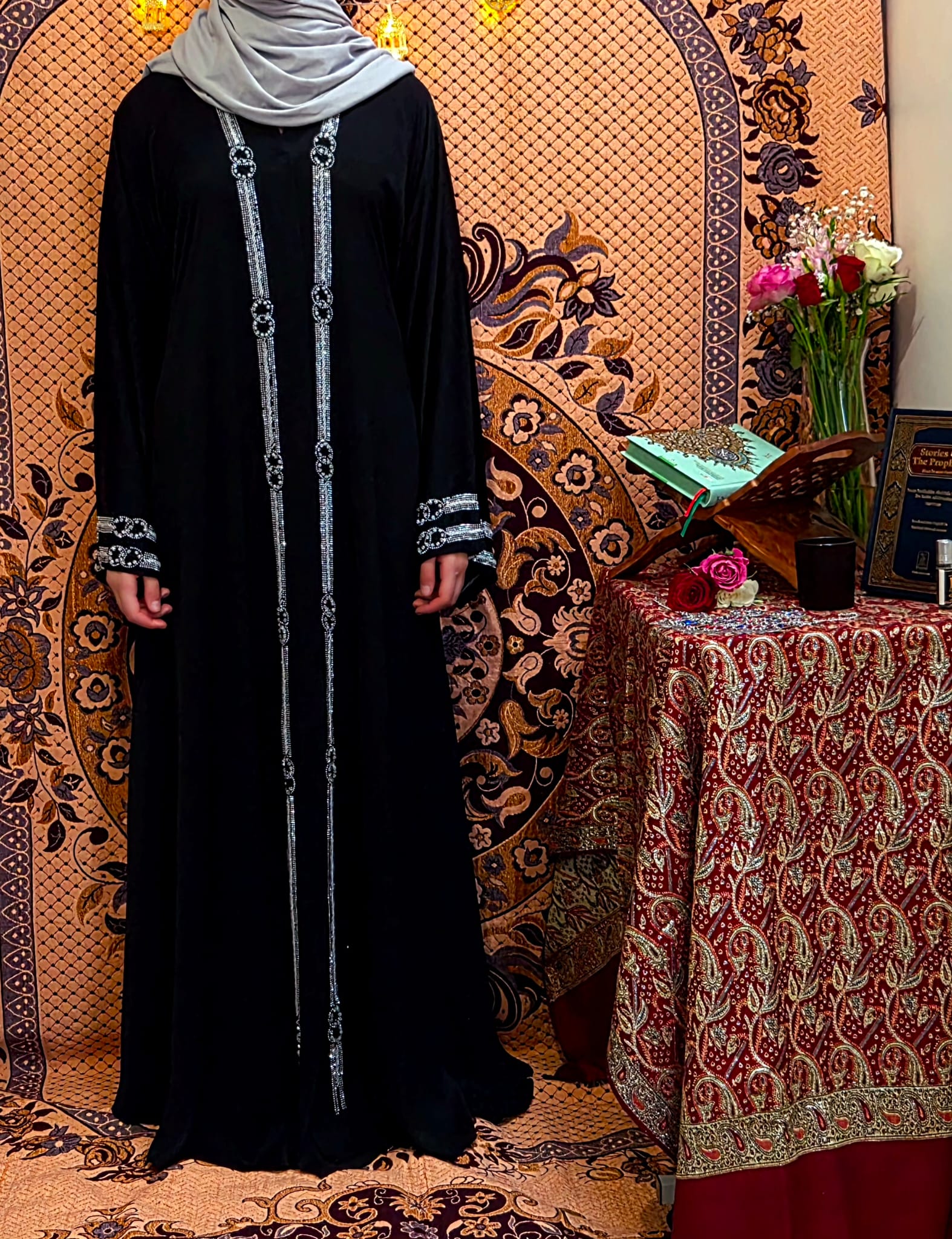 Black & Silver Rhinestone Abaya