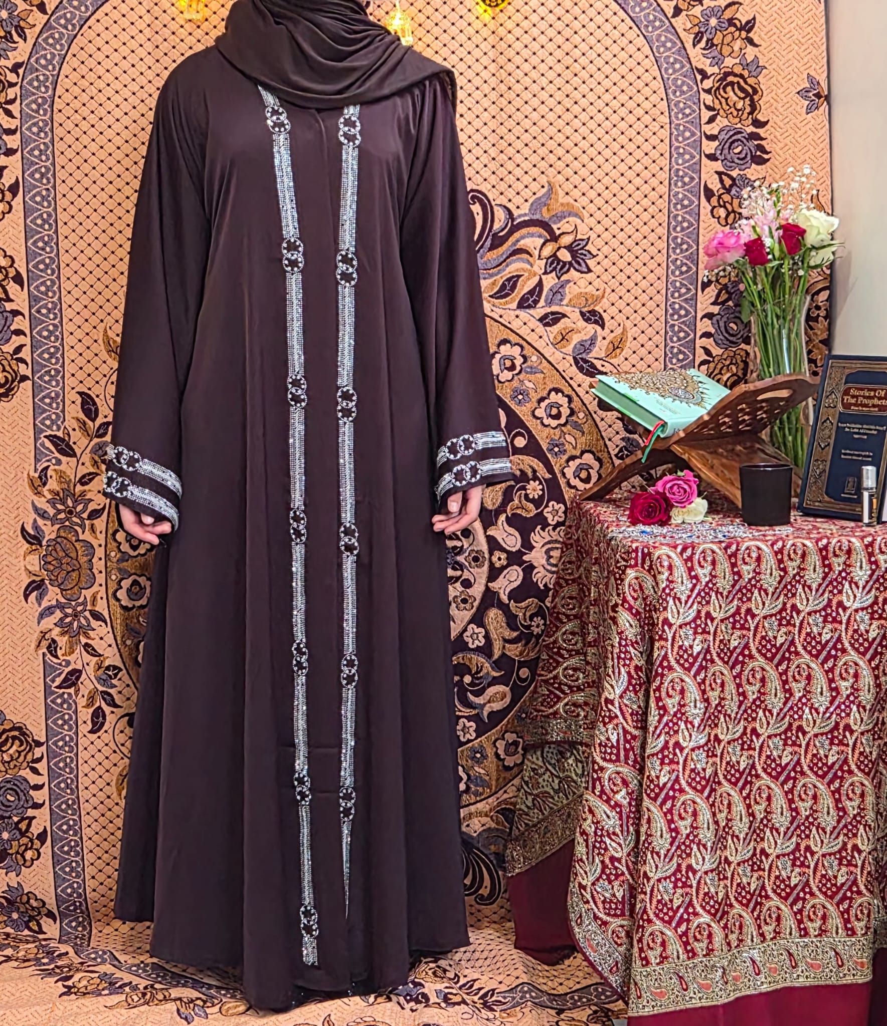 Brown & Silver Rhinestone Abaya