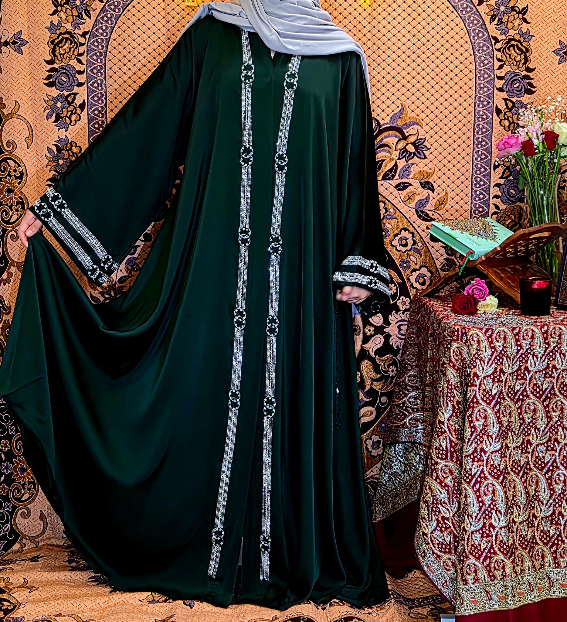 Dark Green & Silver Rhinestone Abaya