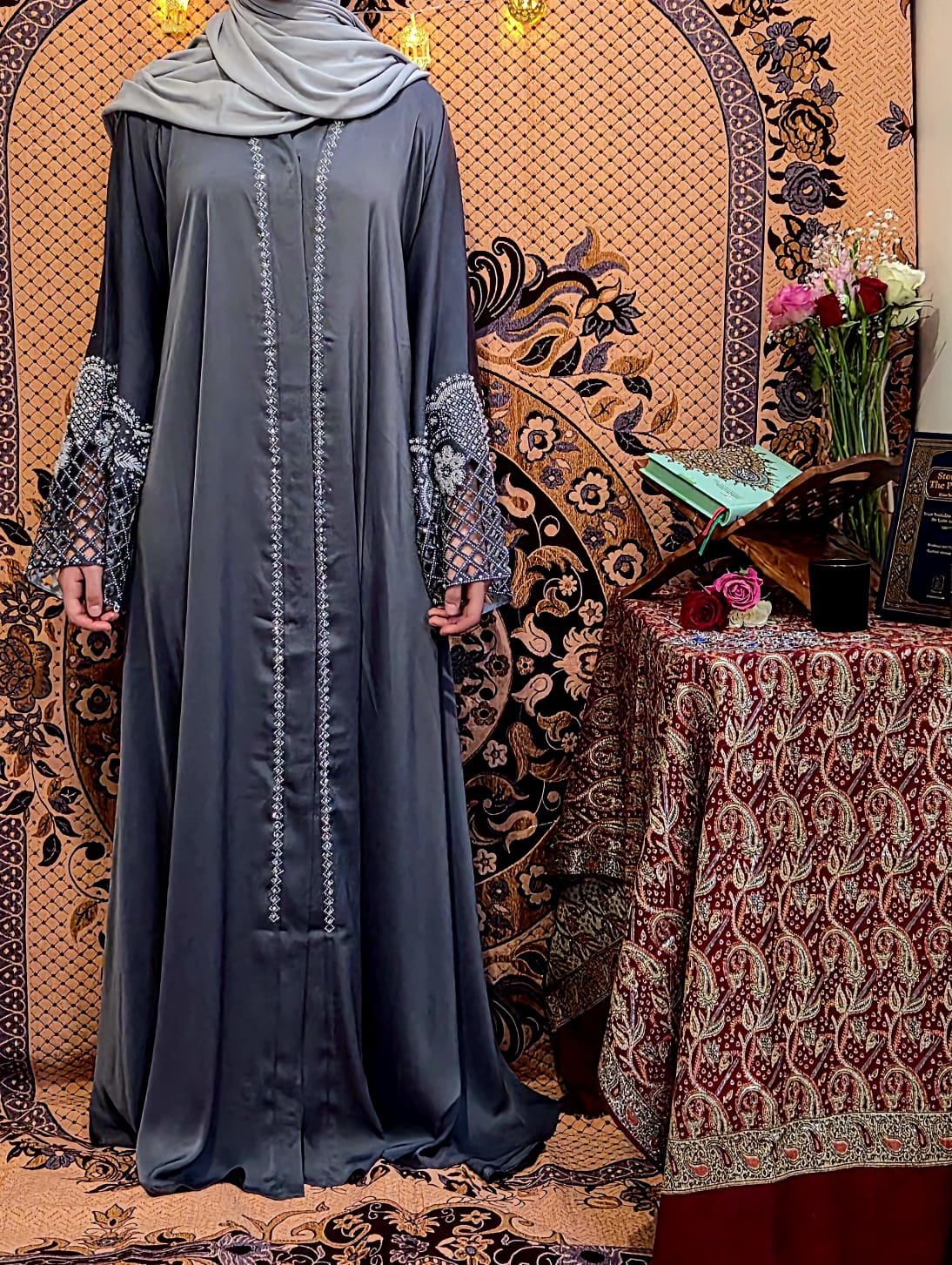 Dark Grey Embroidered Abaya 