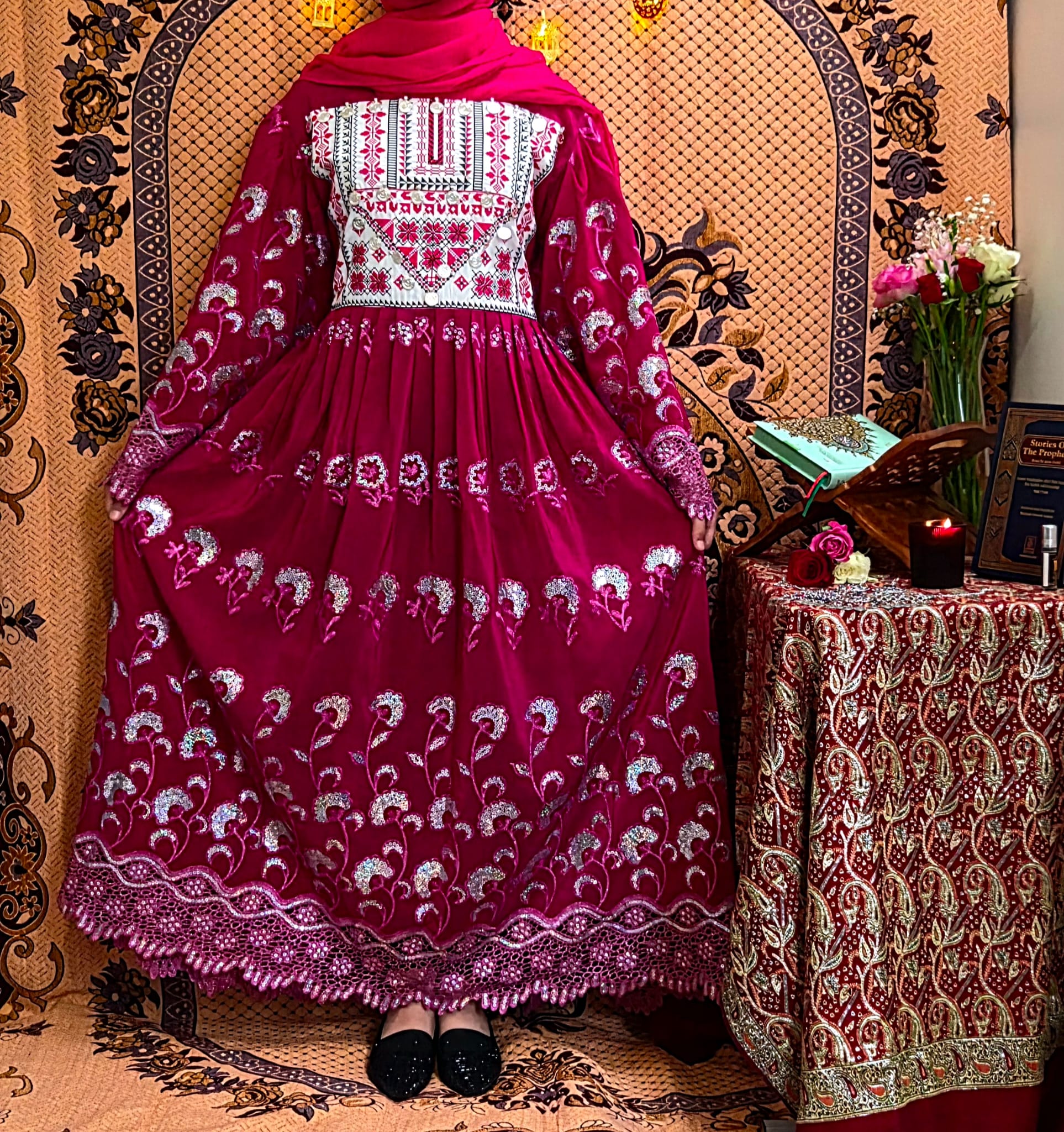 Dark Pink Traditional Embroidered Sleeve Afghan Dress
