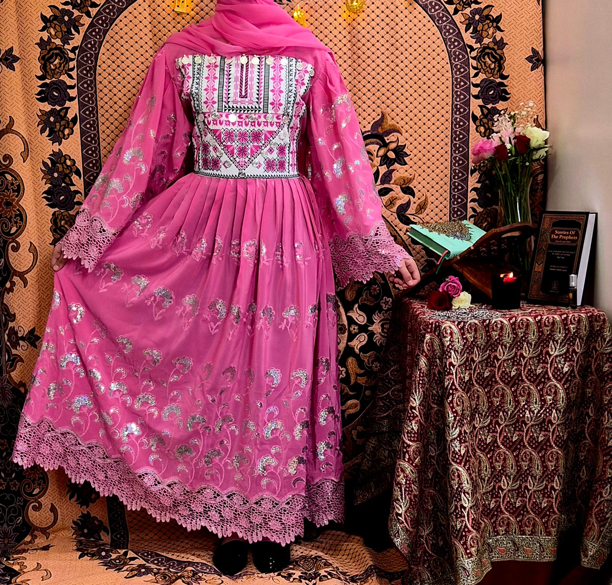 Pink Traditional Embroidered Sleeve Afghan Dress