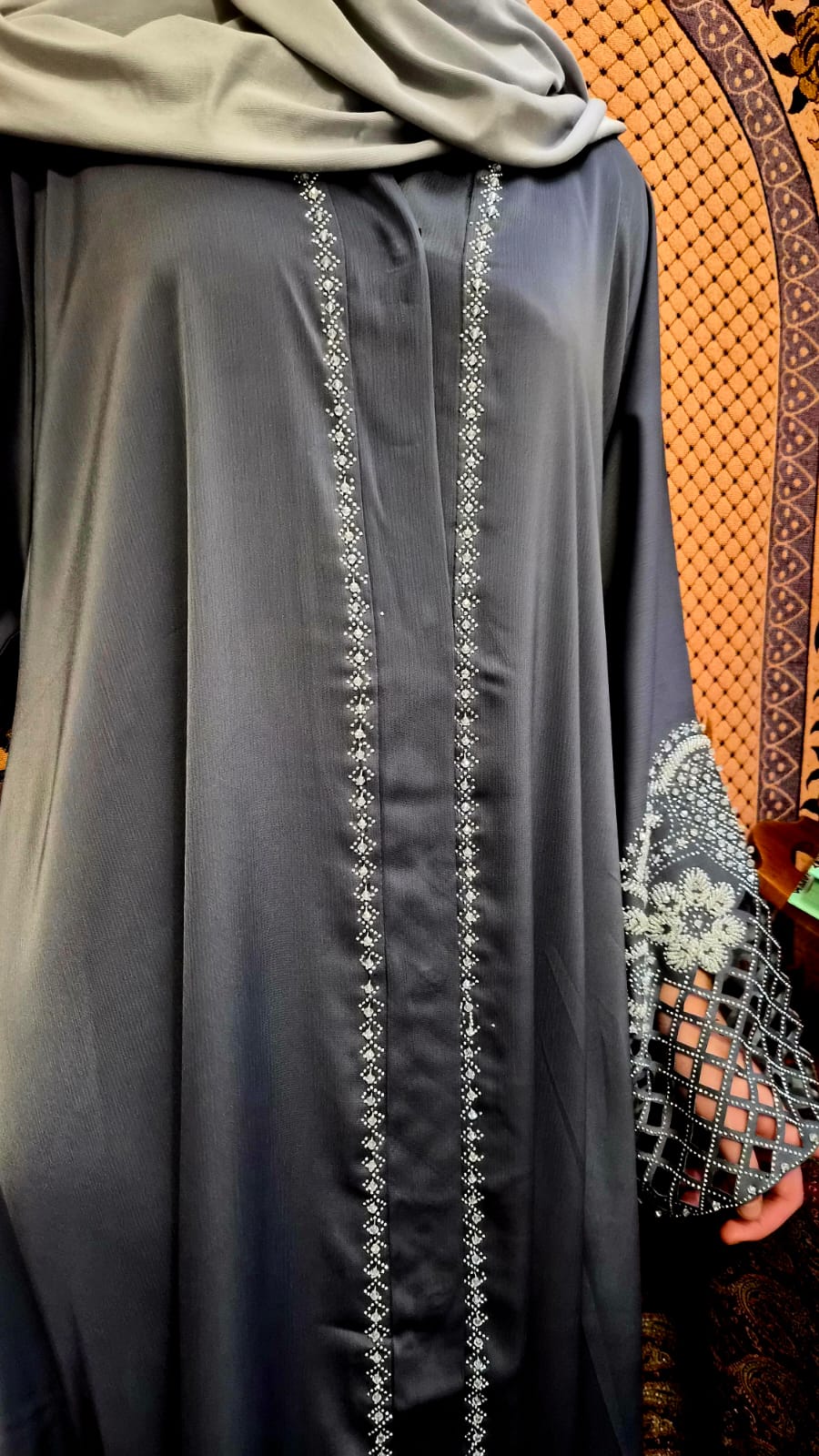 Dark Grey Embroidered Abaya 