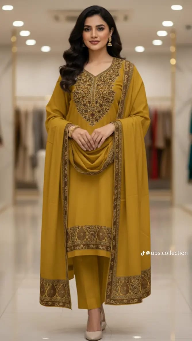 Wool Pashmina Shawl 3 PC Embriodered Suit 