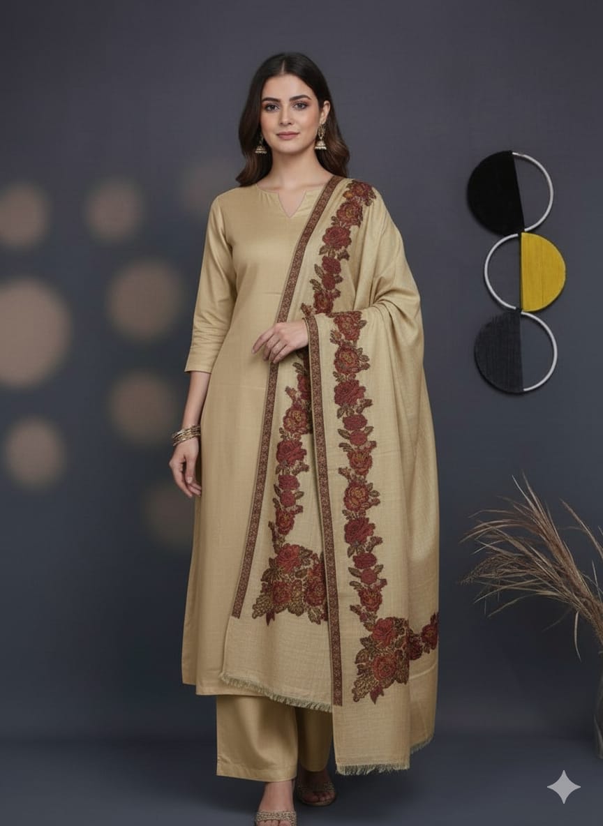 3Pc Suit with Embroidered Shawl 