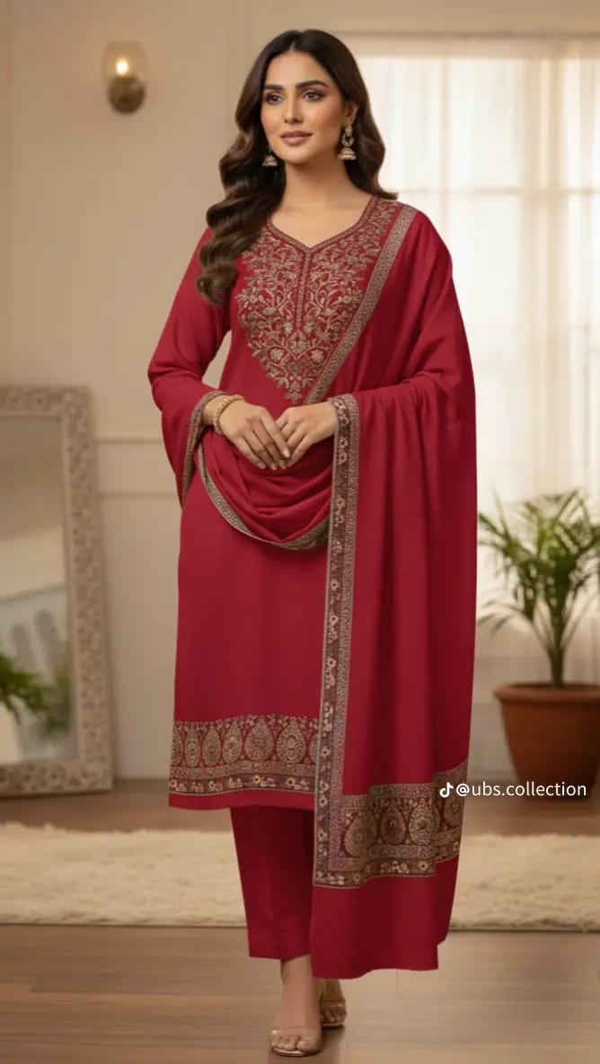 Wool Pashmina Shawl 3 PC Embriodered Suit 