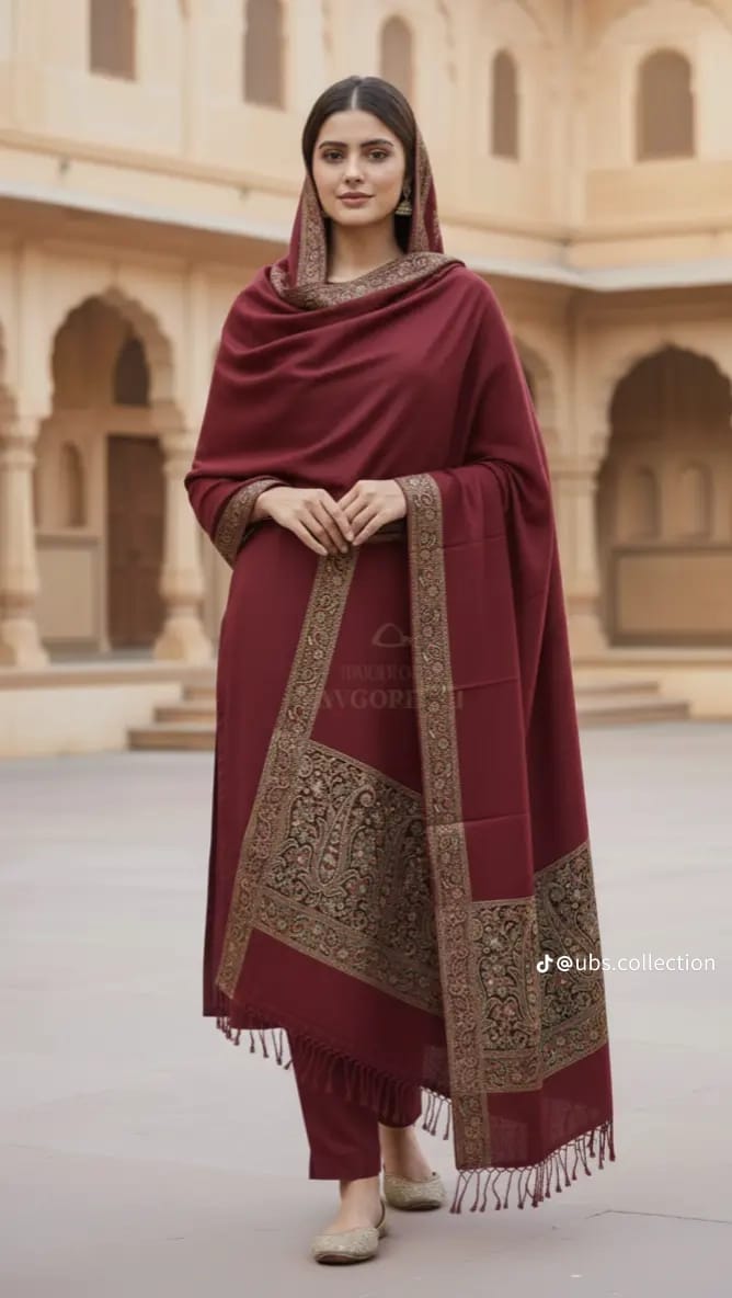 Maroon Embroidered Shawl Suit