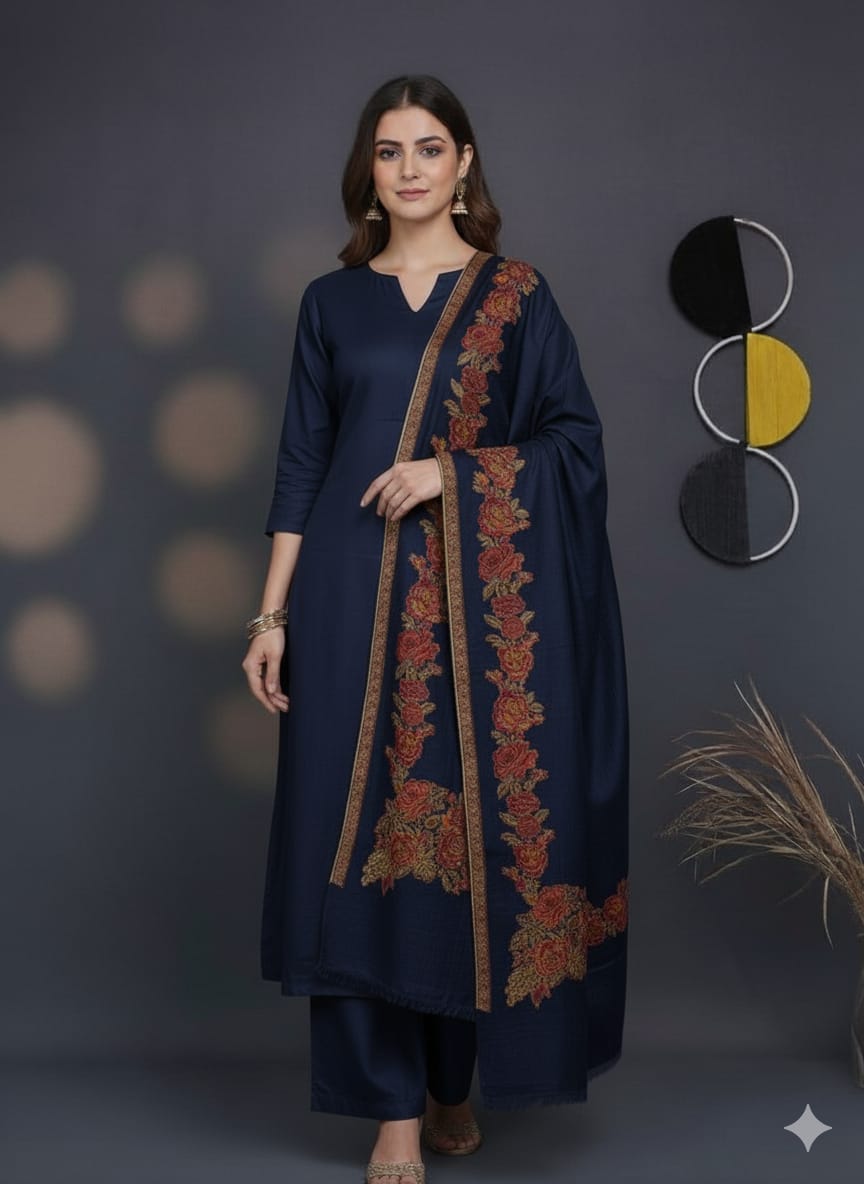 3Pc Suit with Embroidered Shawl 