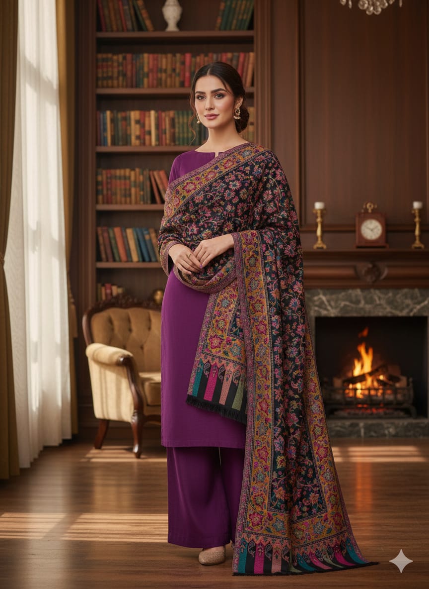 3Pc Suit with Embroidered Shawl 