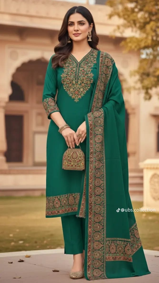 Wool Pashmina Shawl 3 PC Embriodered Suit 