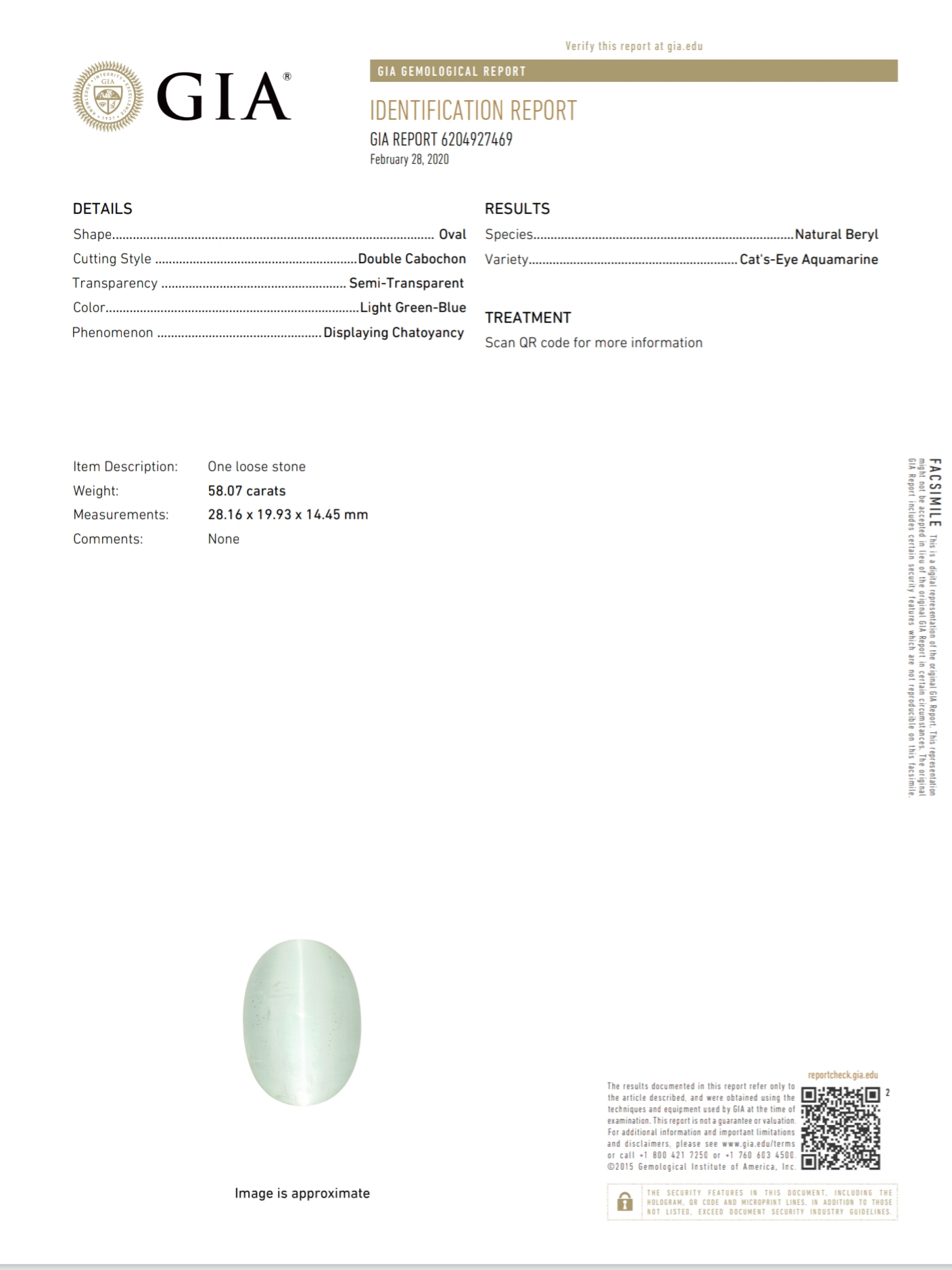 58.07ct. Loose natural Cat's Eye Aquamarine with GIA report