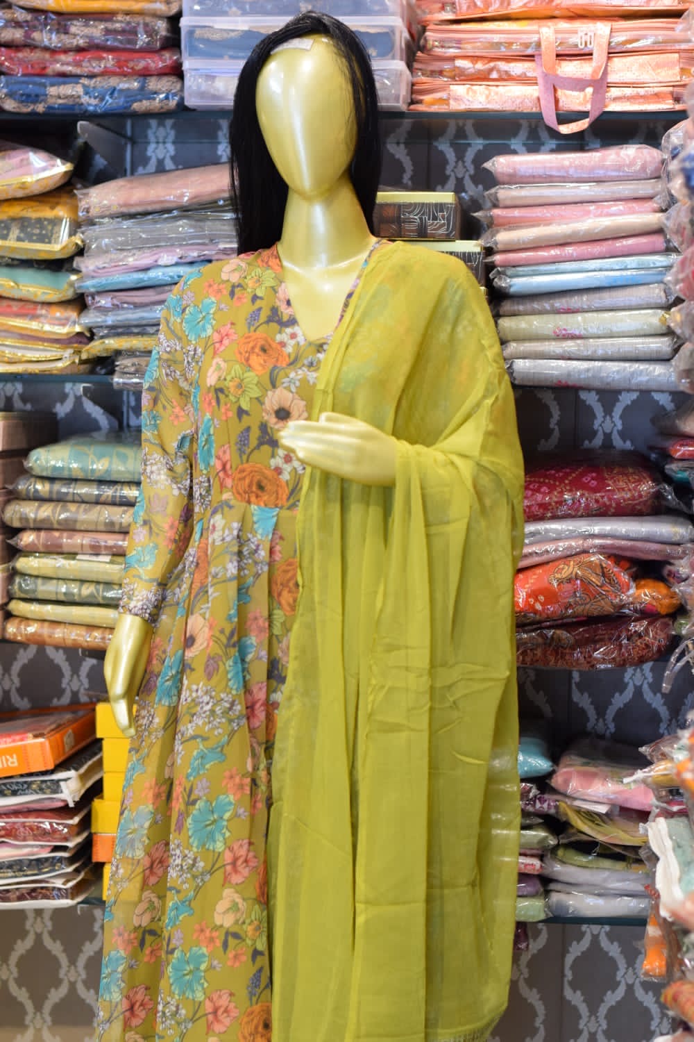 Traditional Floral Dress with Scarf