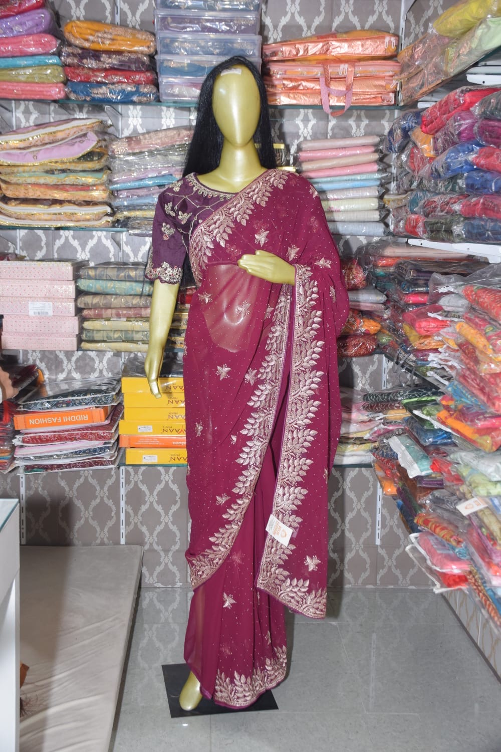 Embroidered Maroon Saree
