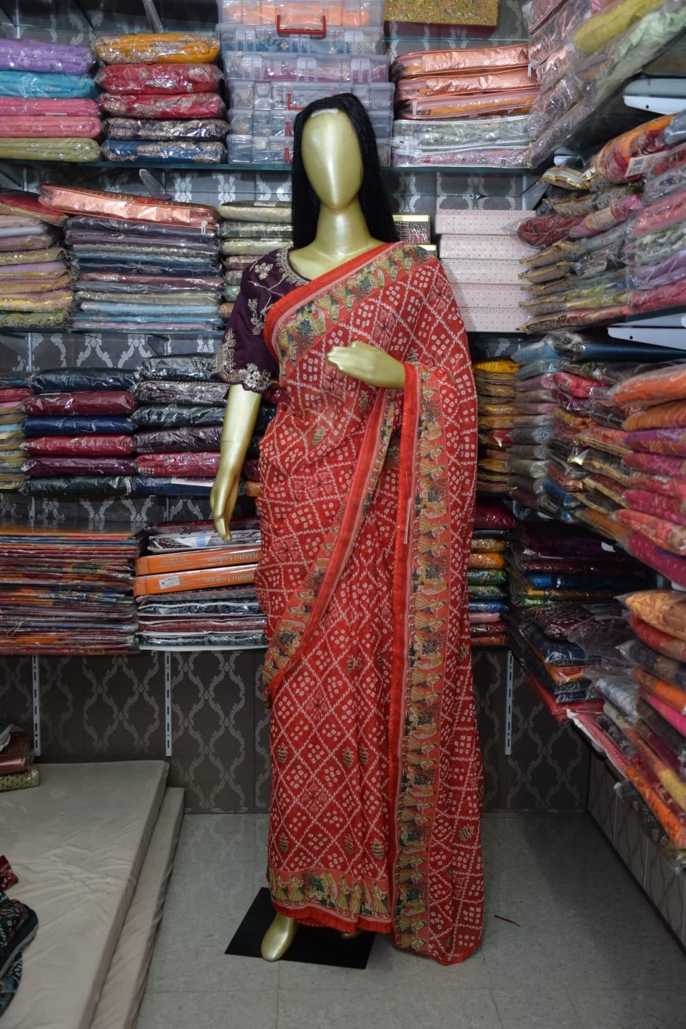Red Sari with Intricate Design
