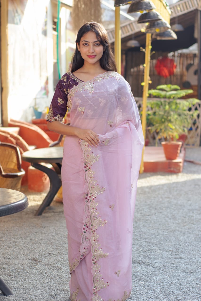 Pink Saree with Embroidered Border