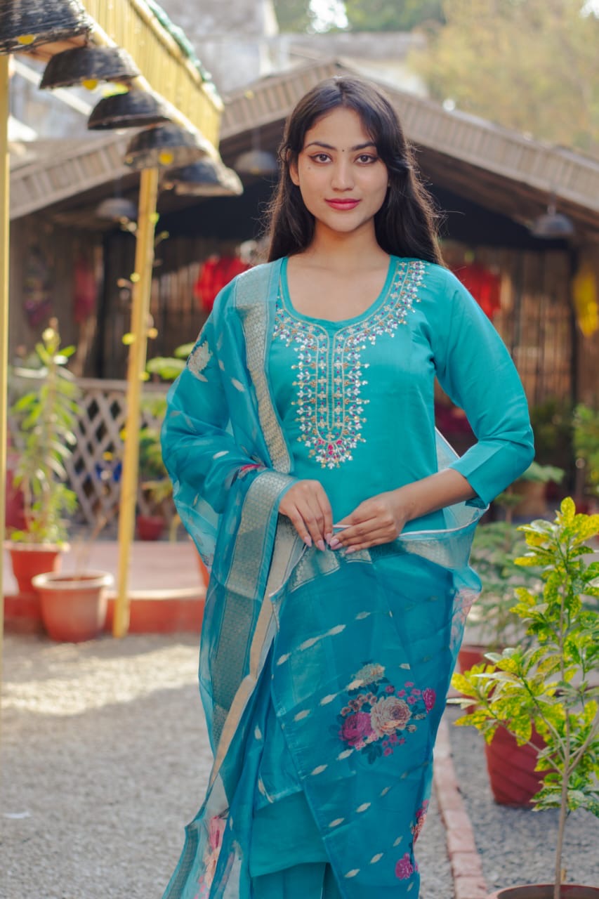 Elegant Blue Embroidered Kurta with Dupatta
