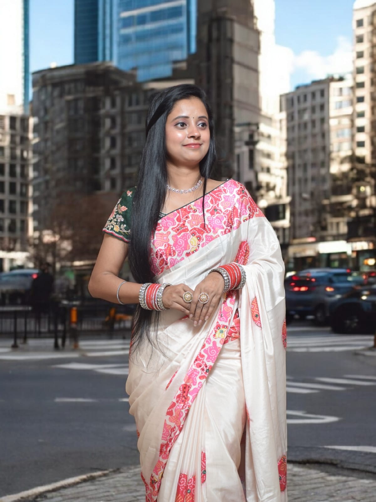 Elegant White and Pink Saree