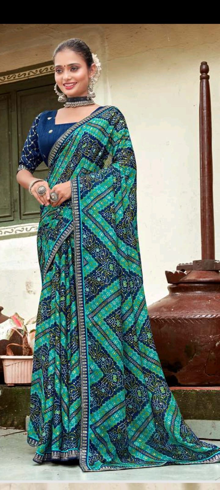 Green and Blue Geometric Pattern Saree