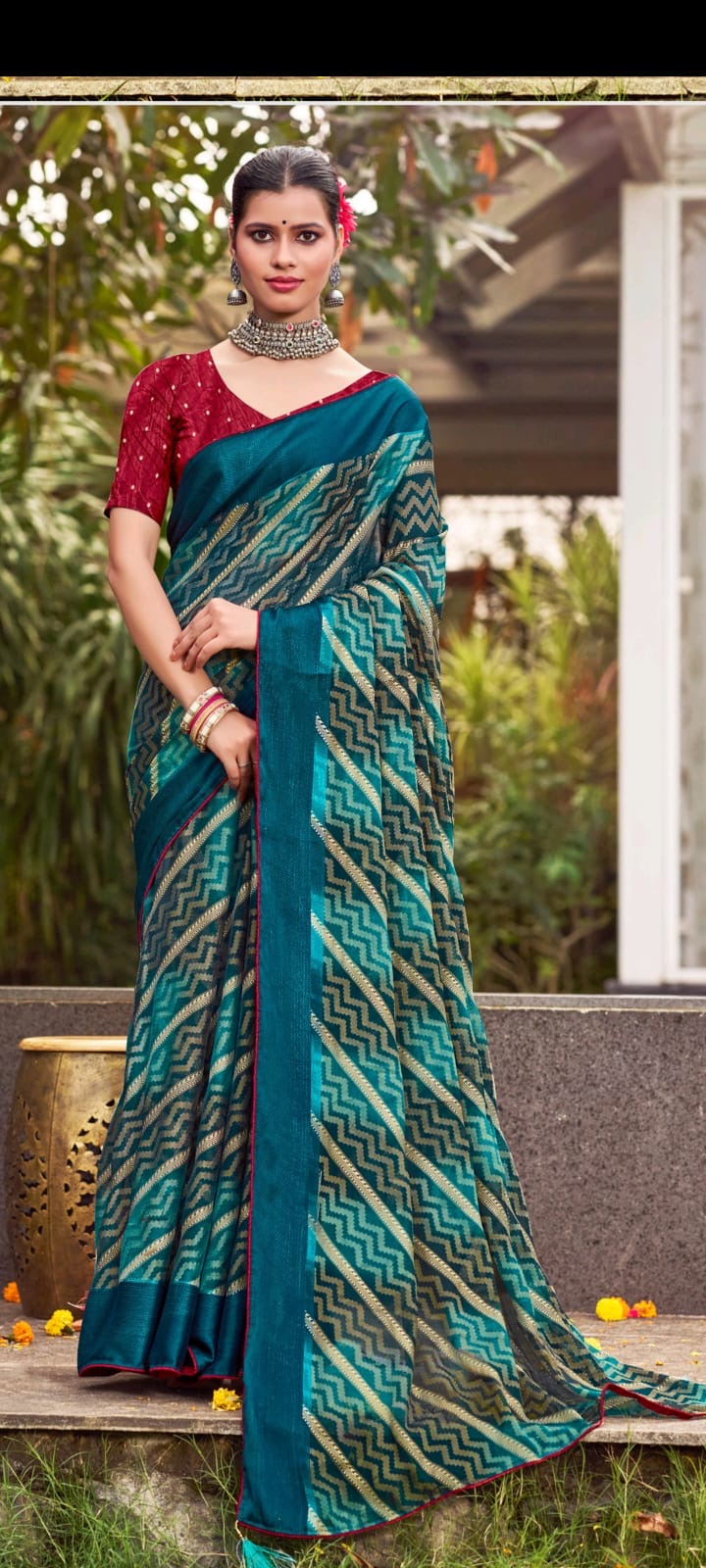 Elegant Teal and Red Saree
