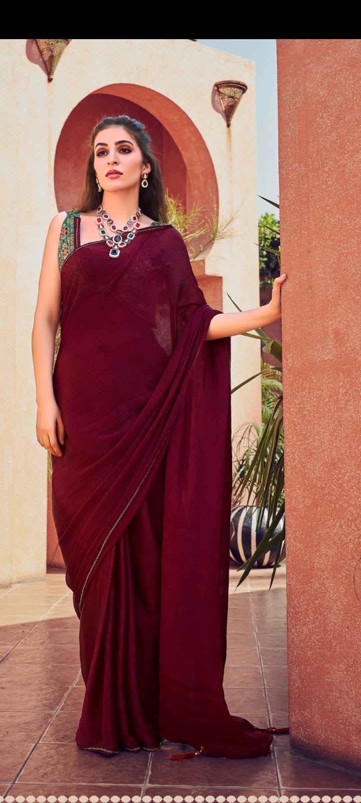 Fancy Maroon Saree with Heavy Blouse