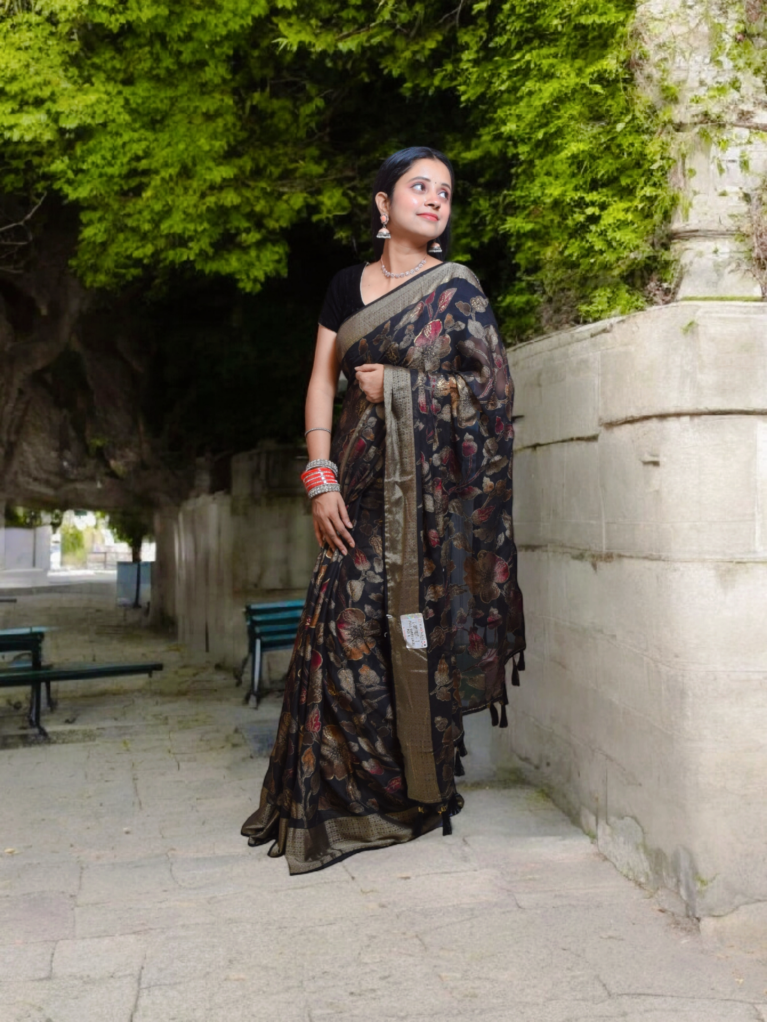 Elegant Black Floral Sari