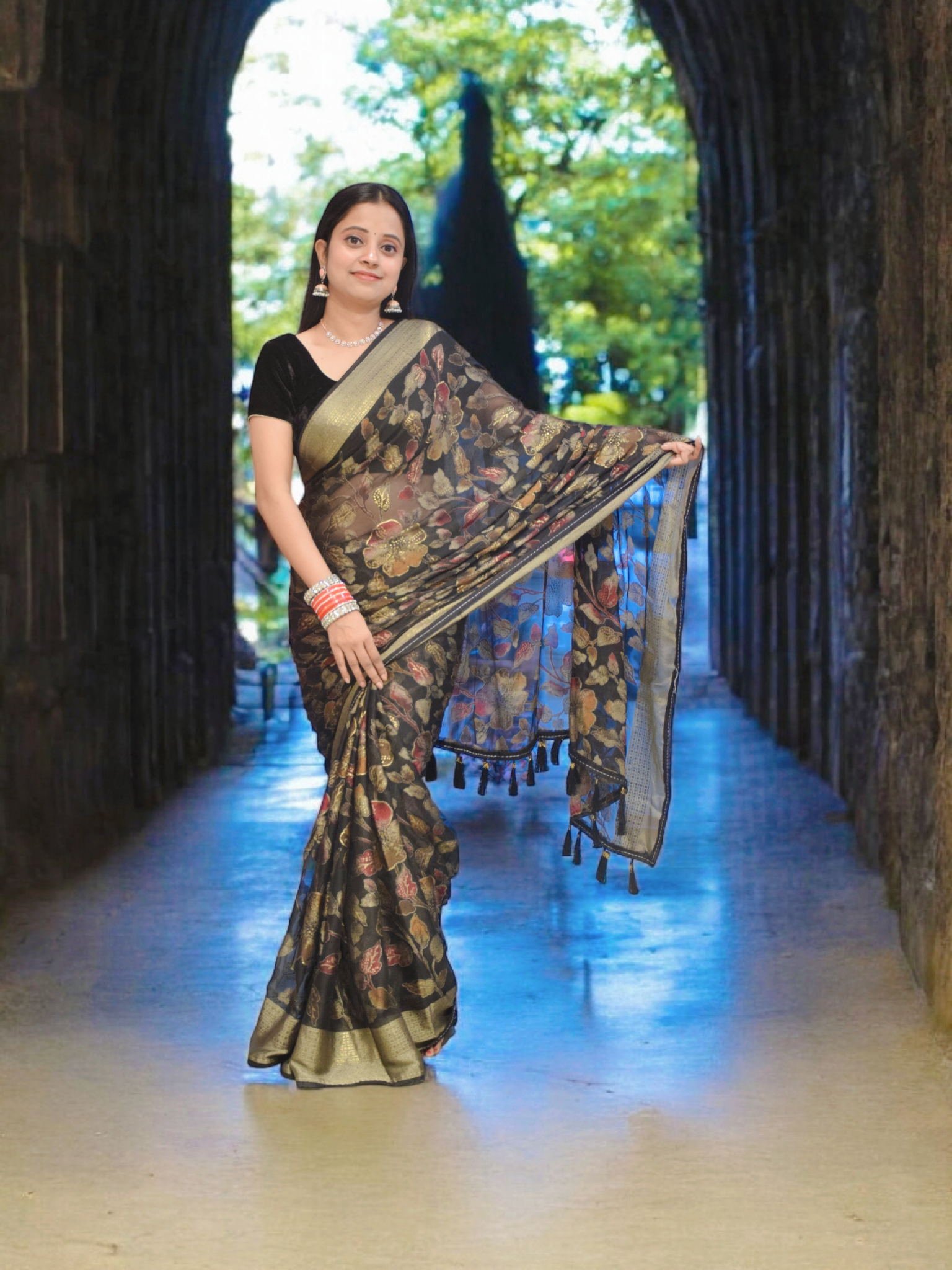 Elegant Black Floral Sari