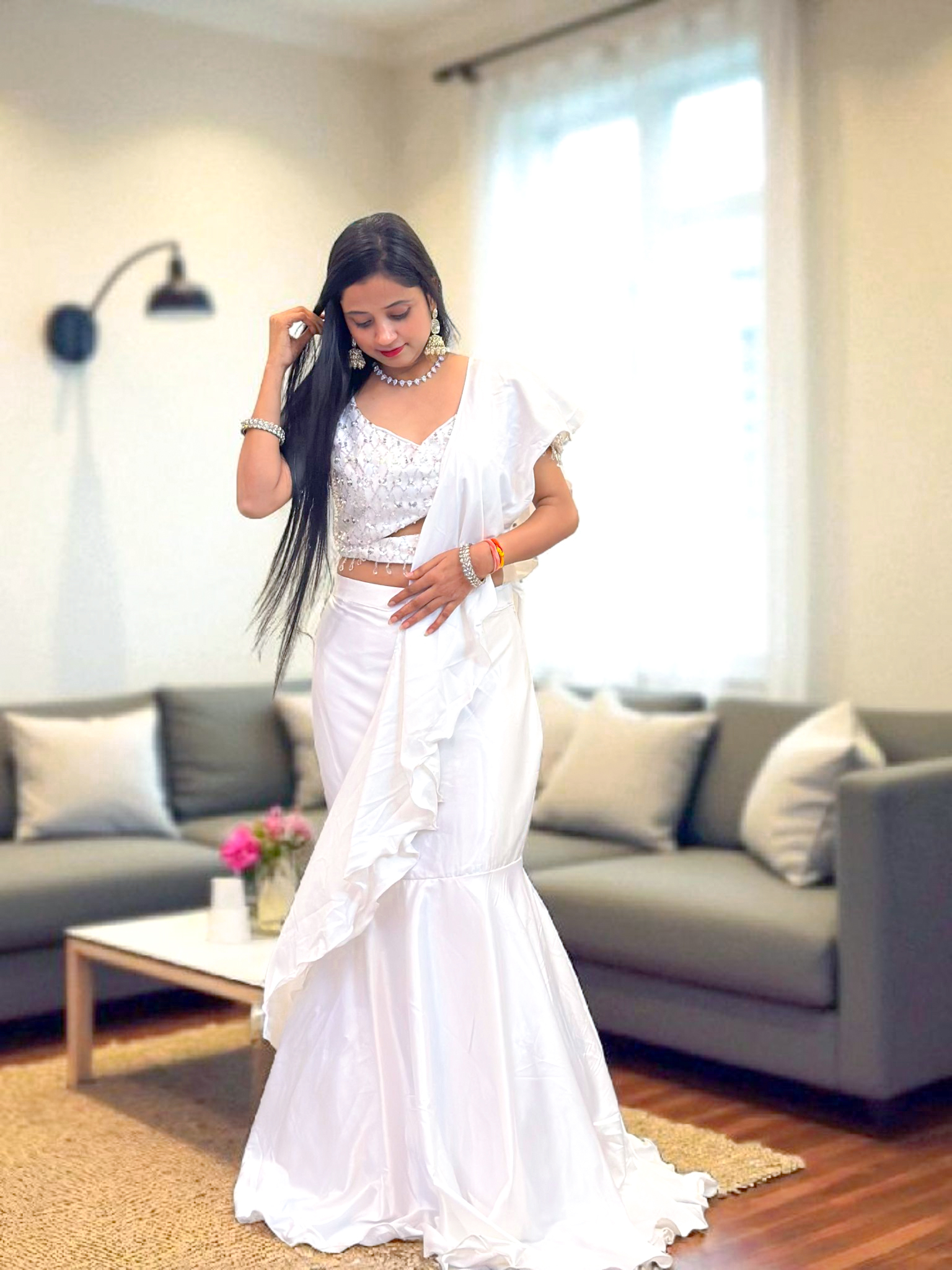 Elegant White Ruffled Saree