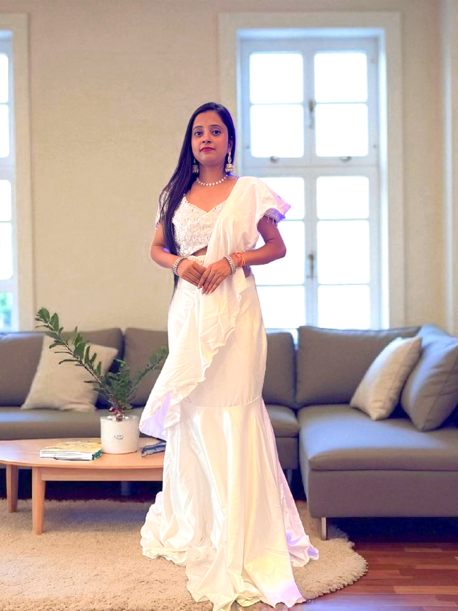 Elegant White Ruffled Saree