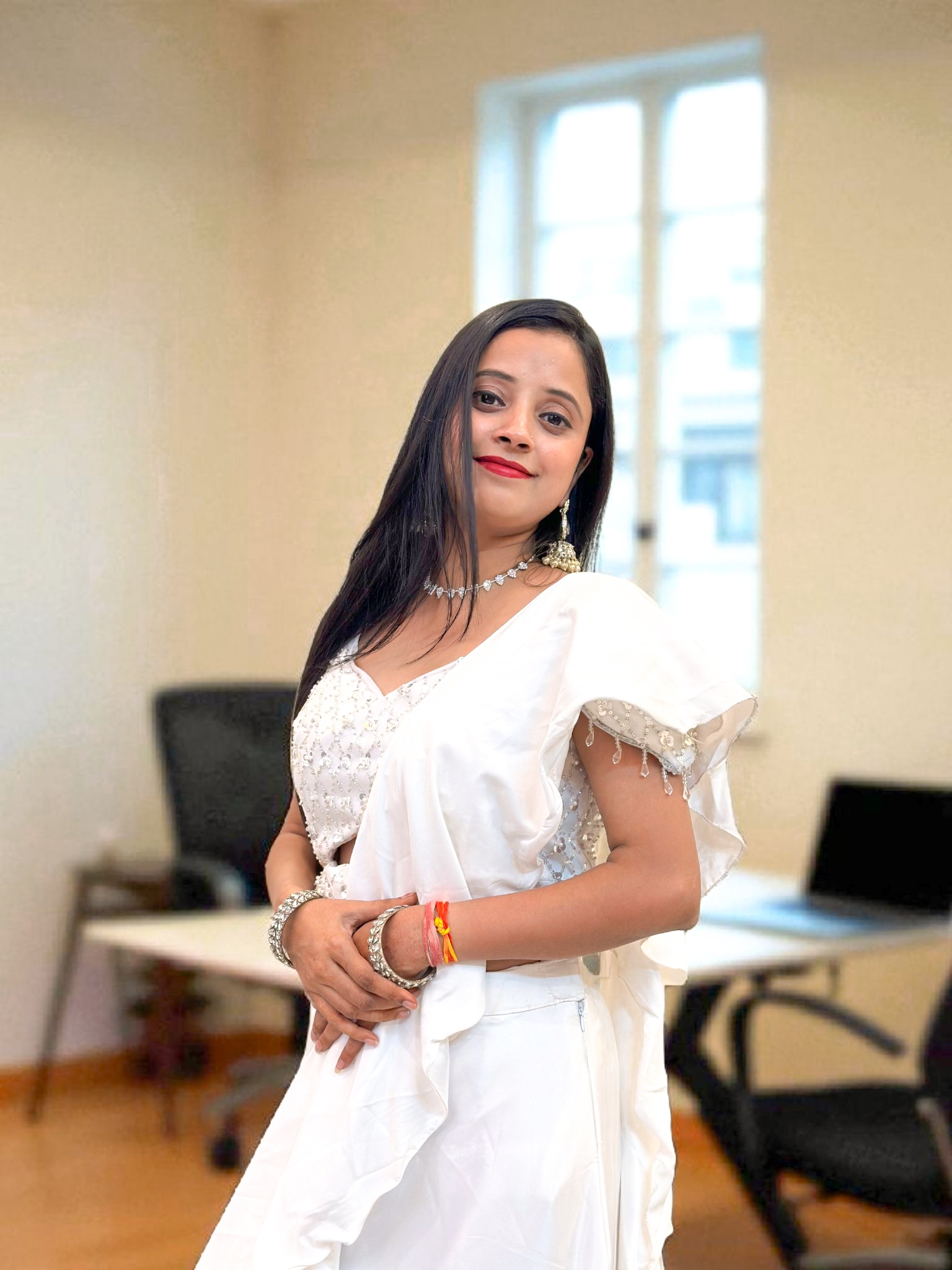 Elegant White Ruffled Saree
