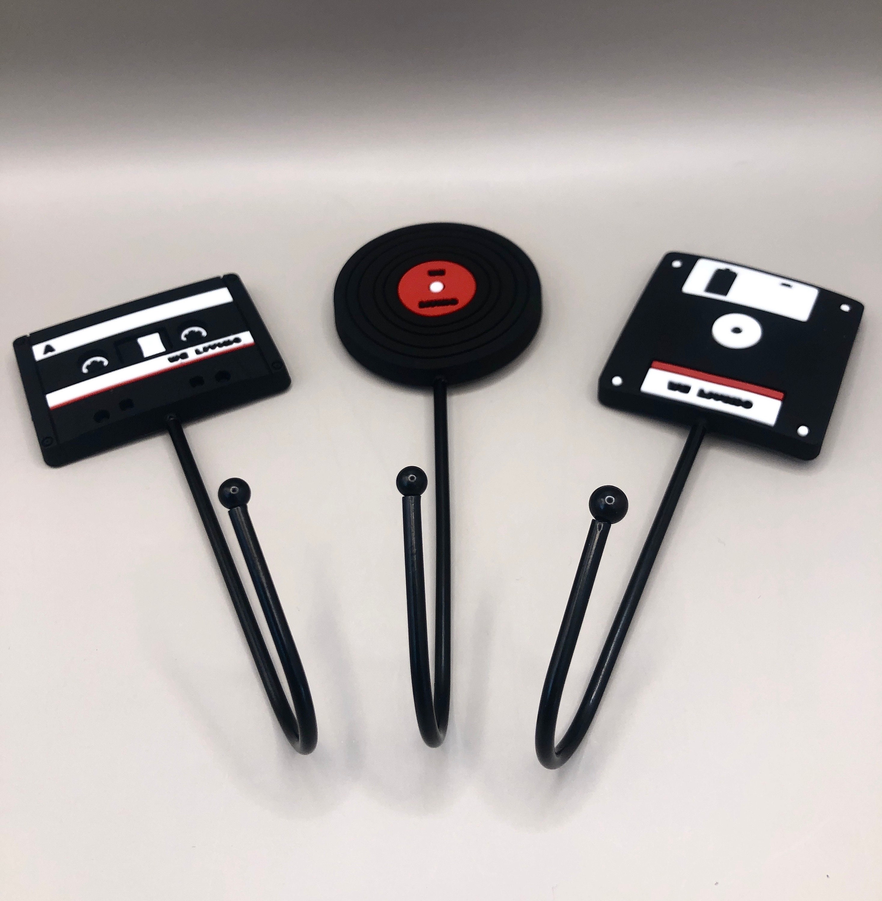 Themed Hooks – Tape Cassette, Floppy Disc, and Record Designs