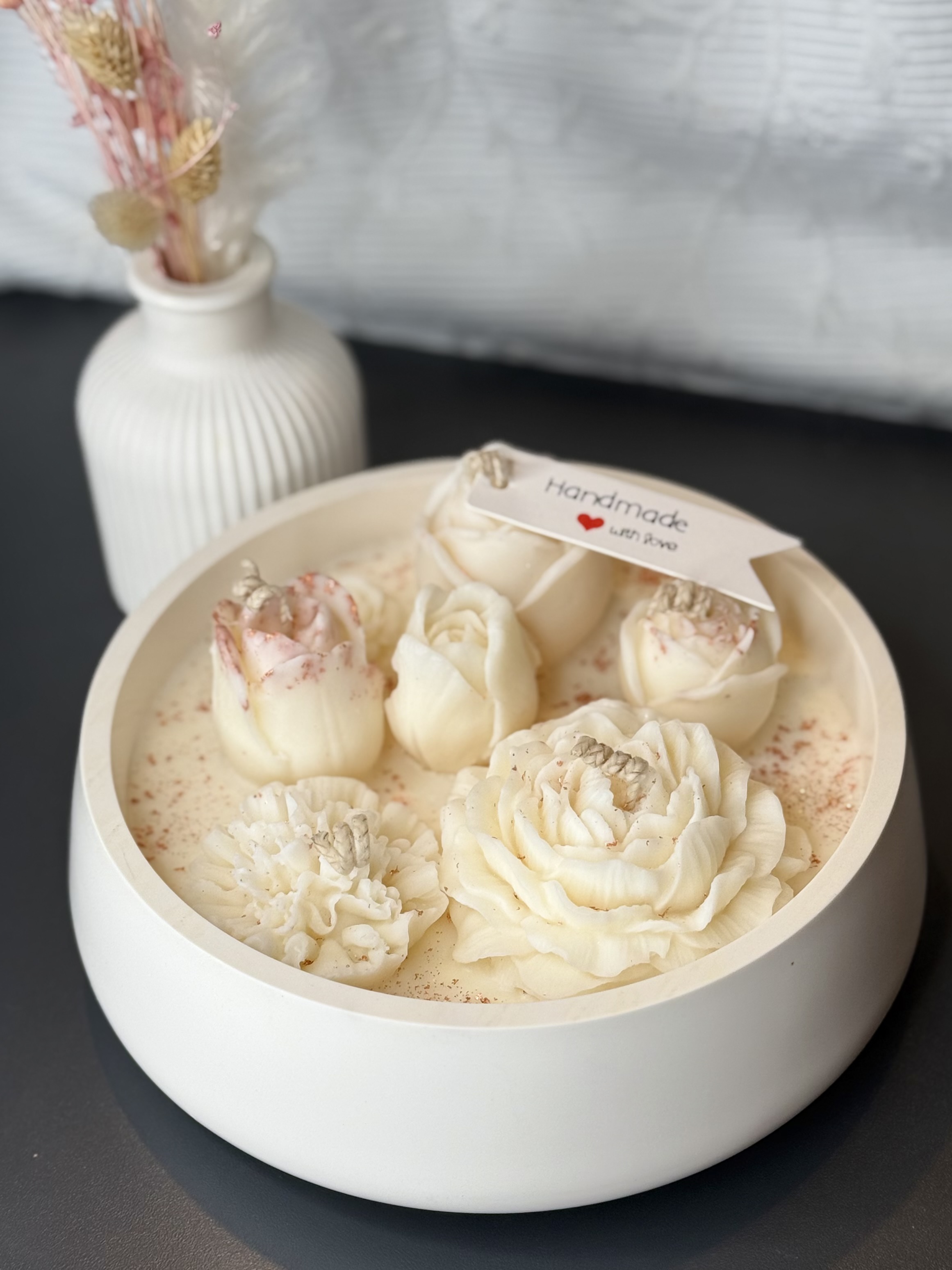 "BloomBowl" XL Kerzenschale in Creme-Weiß mit Rosé-Blattgold verziert 