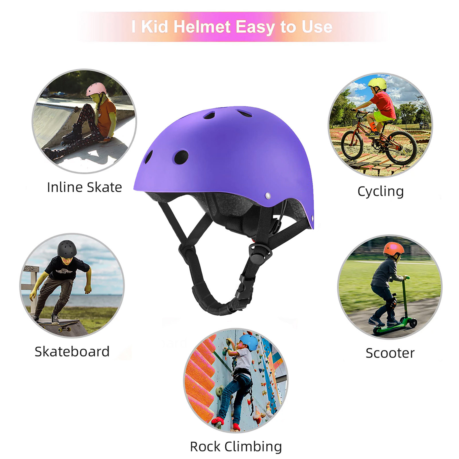 Kids Bike Helmet Toddler Helmet Ages 5+ Years Old Boys Girls Multi-Sport Helmet children Helmets Adjustable Cycling Multi-Sport Child's Helmet for Football Roller Skating Scooter Purple