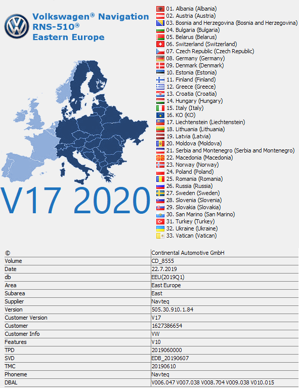 Seat Media System 3.2 (RNS510) Lietuvos ir Europos navigacijos sistemos žemėlapių atnaujinimas 2020 V17 DVD/SD 