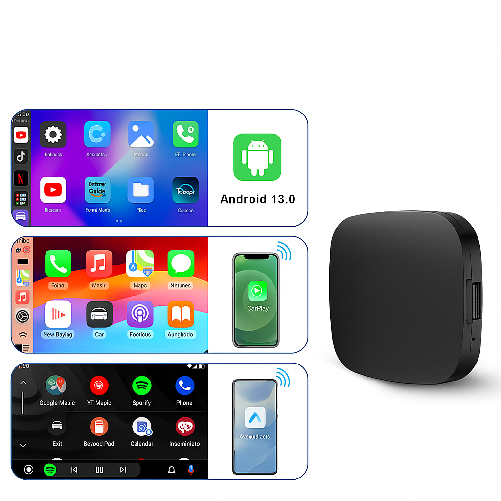 Belaidis CarPlay / Android Auto + Android TV AI Box (3-in-1) su Android 13, 2GB/16GB, Quad Core 1.5GHz CPU