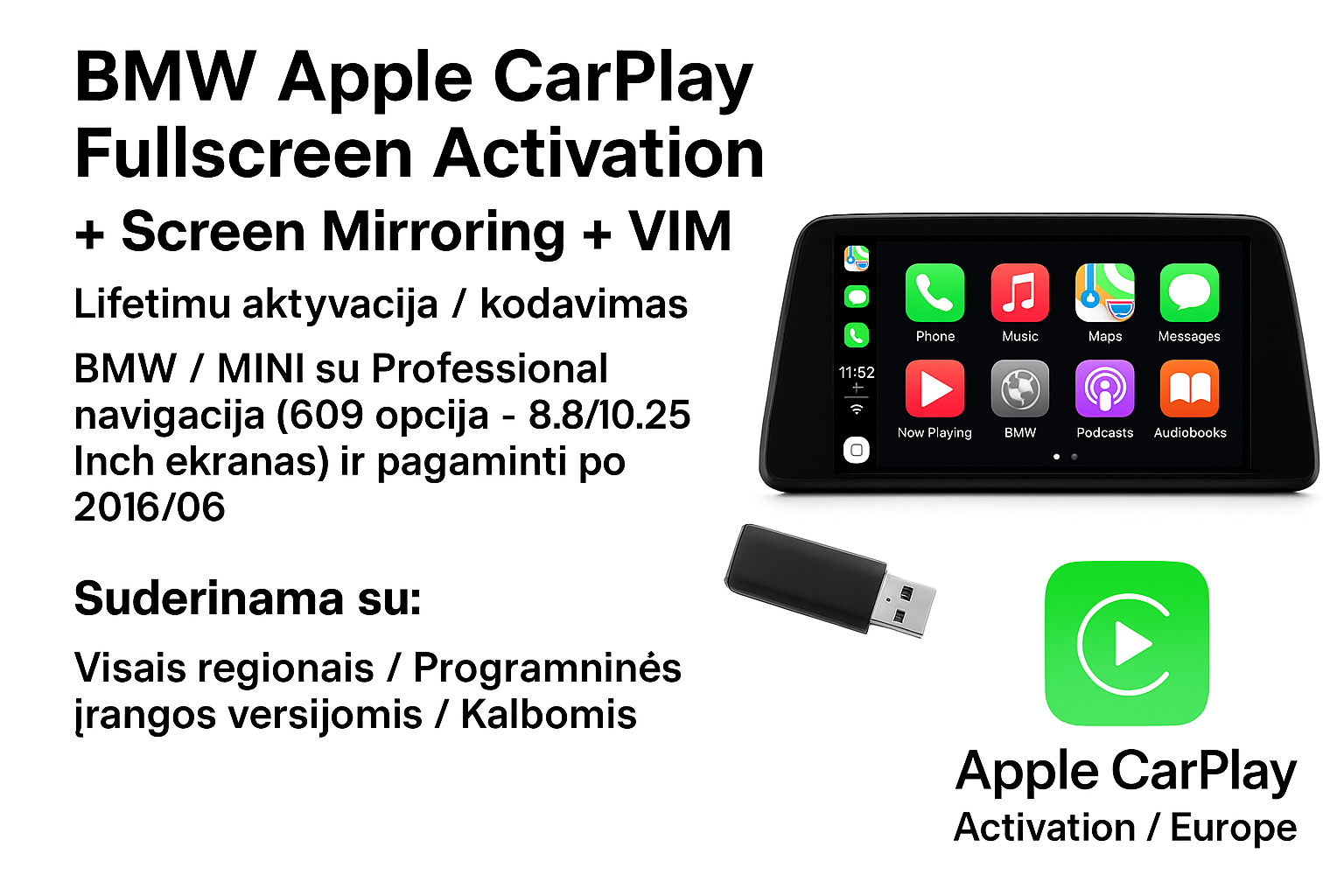 BMW NBT EVO ID5/ID6 Apple CarPlay Fullscreen aktyvavimas + Screen Mirroring + VIM + MAP