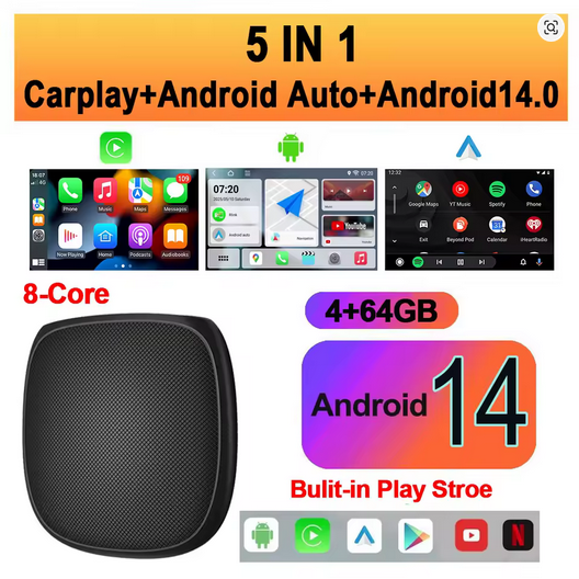 Belaidis CarPlay / Android Auto + Android TV AI Box (5-in-1) su Android 14, 4GB/64GB, 8-core CPU