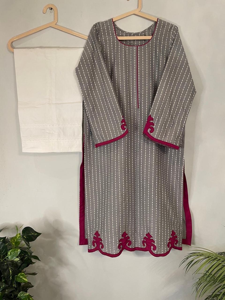 M116-Traditional Grey Doria Fabric Kurti- 1 Pc