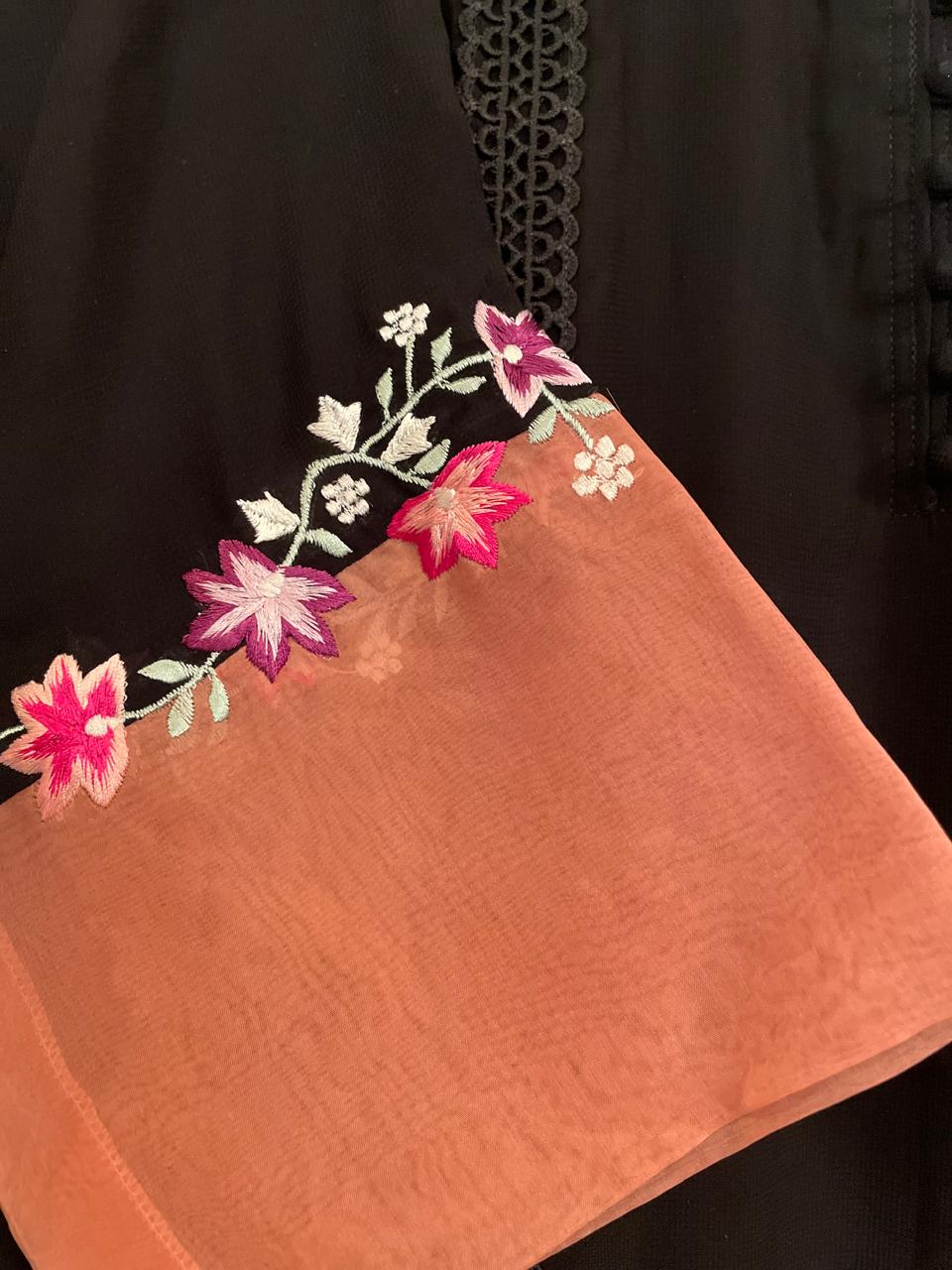 M113- Embroidered Black Georgette Dress Paired with Straight Pants- 3 Pcs