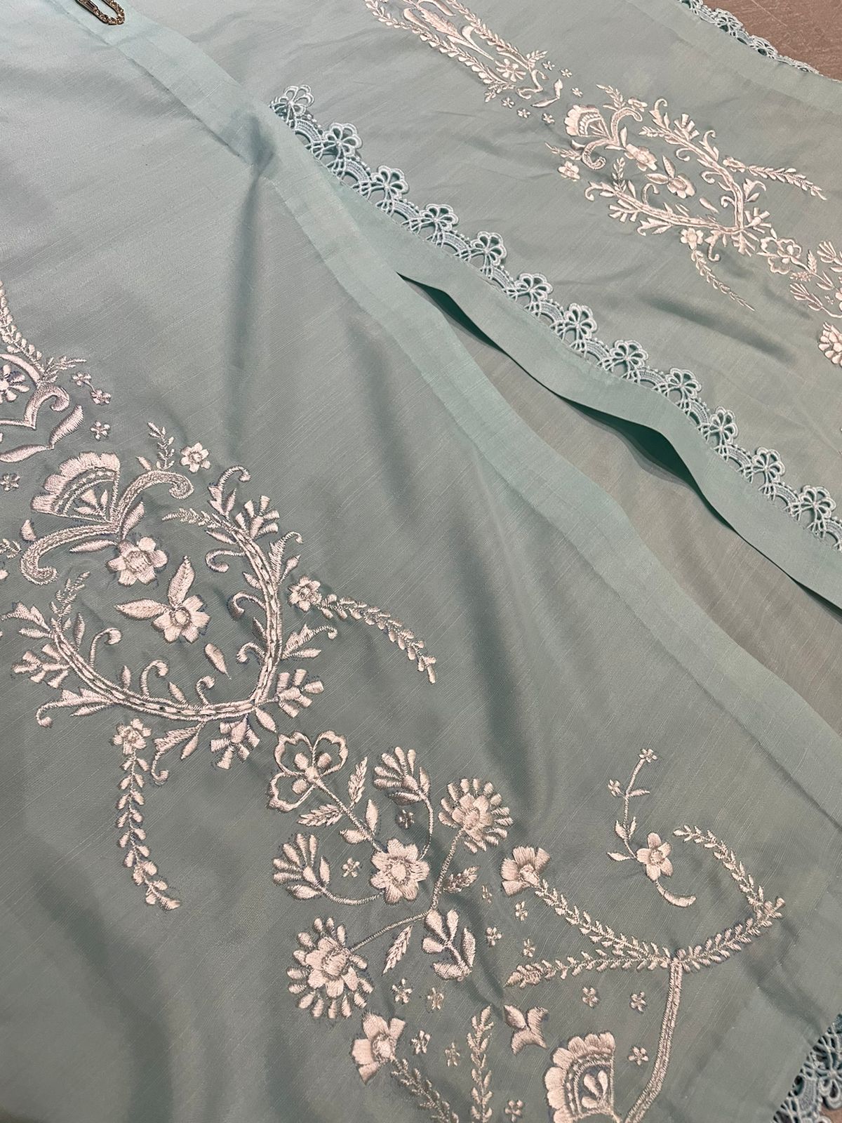 M119-Ice Blue Embroidered Dress 3 PCS Set