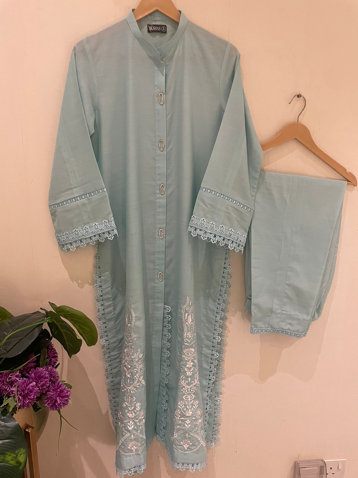 M119-Ice Blue Embroidered Dress 3 PCS Set