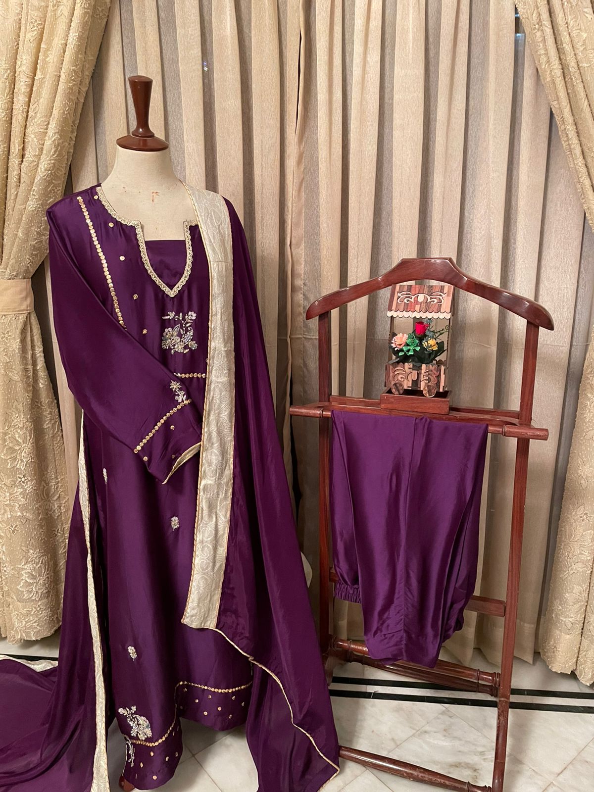 M129- Brinjal Sheesha Silk Embroidered Ensemble