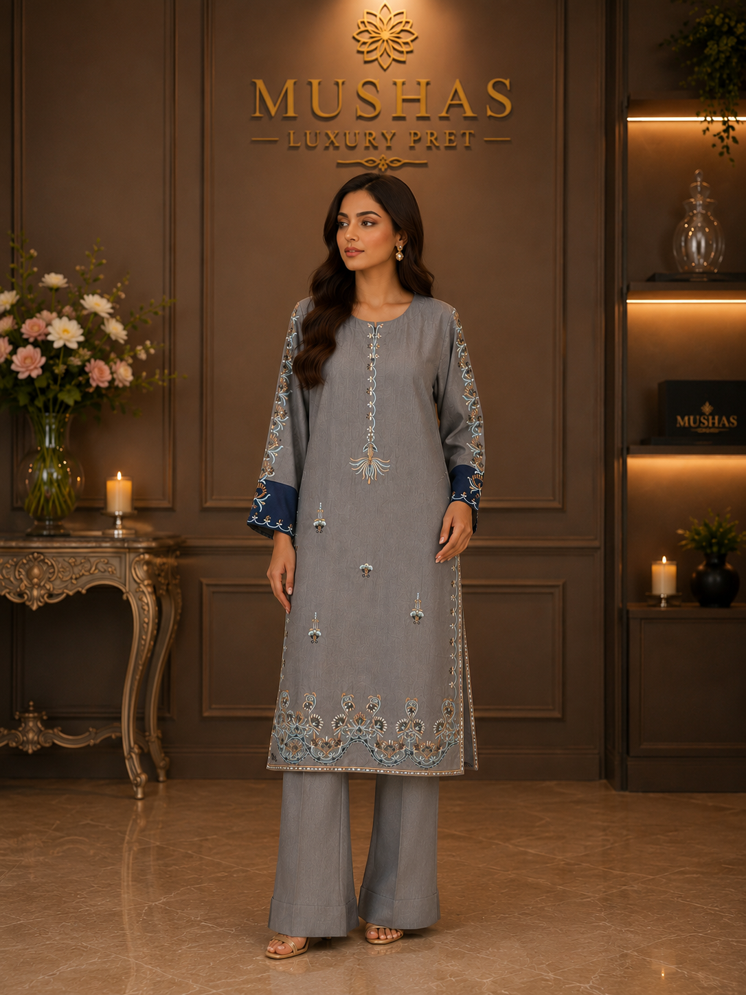 Embroidered Grey Luxury Pret Set