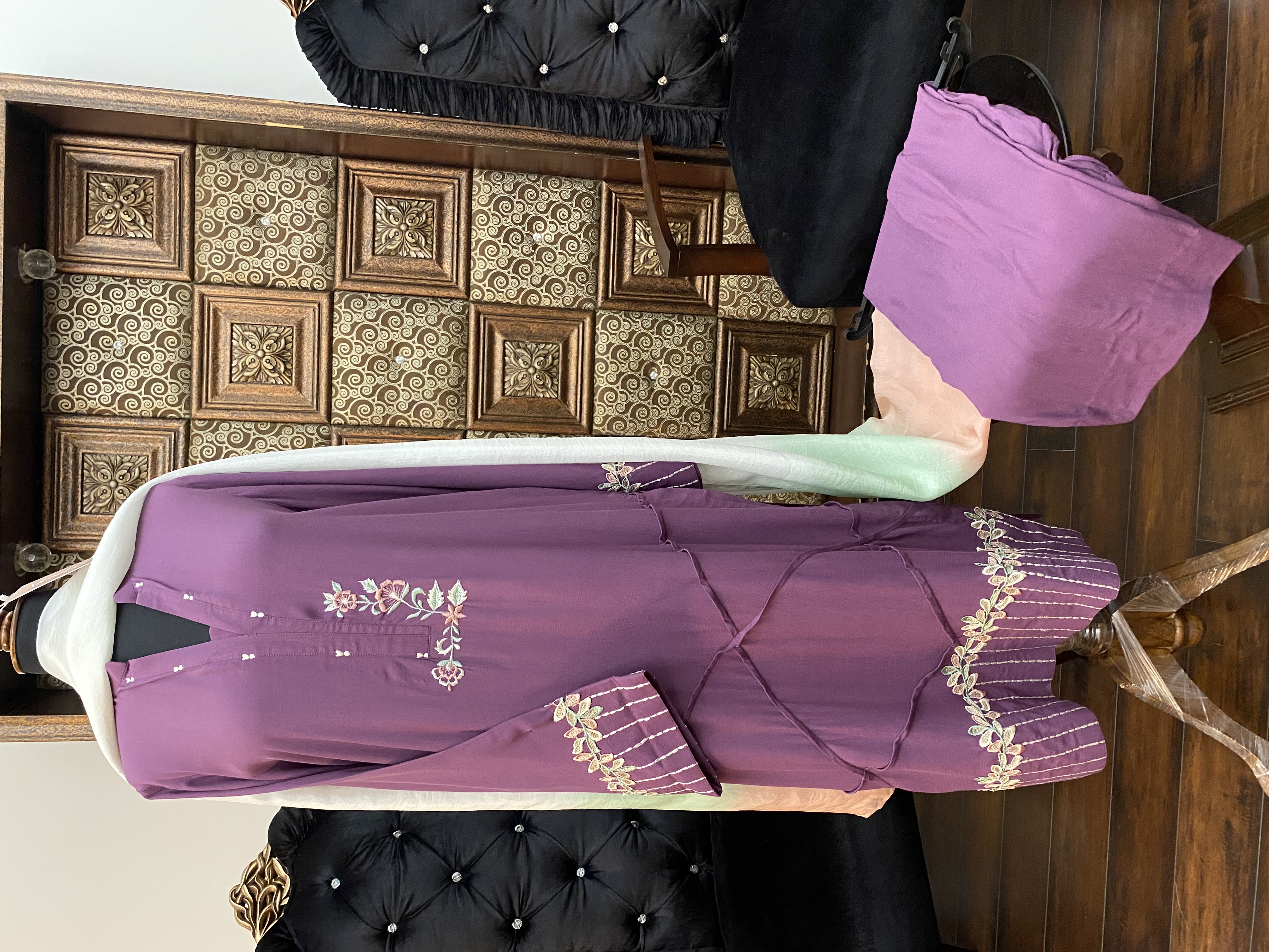 M111- Purple Embroidered Dress paired with Culottes- 3 pcs